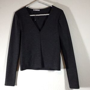 Zara Trafaluc Knit Top V Neck Gray Long Sleeve Size M